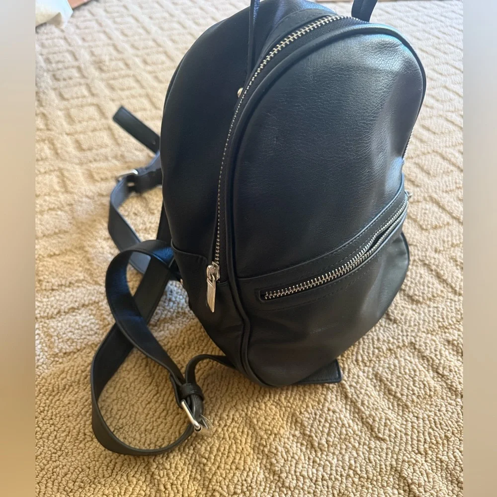 Mini Black Backpack, Faux Leather with Silver Hardware